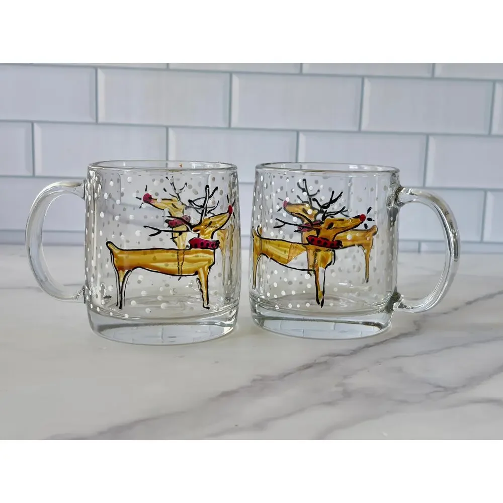 Vintage Pair Luminarc Holiday Christmas Rudolph Reindeer Snow Glass Mugs